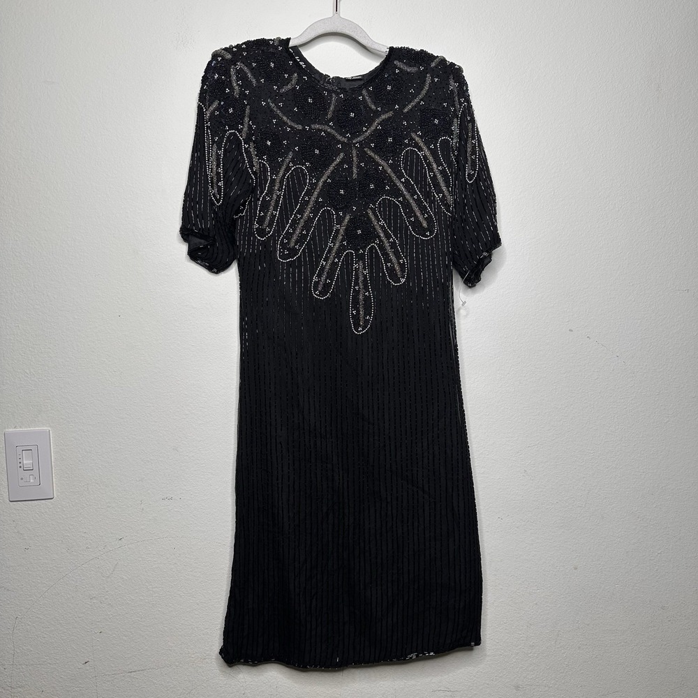 Vintage 1980's Black Silk Beads & Sequins Evening Dress by Right Choice Size S/M